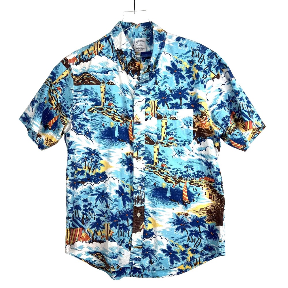 Brooks Brothers Shirt L Short Sleeve‎ Cotton Button Tropical Lighthouse Sailboat